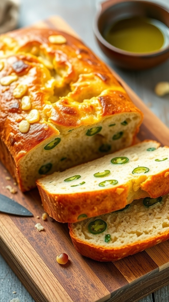 A golden loaf of gluten-free jalapeño bread with cheese, sliced to show jalapeño pieces, on a wooden board.